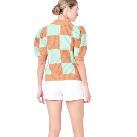 NWT English Factory Mint Green Tan Check Plaid Puff Sleeve Crop Sweater - XS - Picture 5 of 16